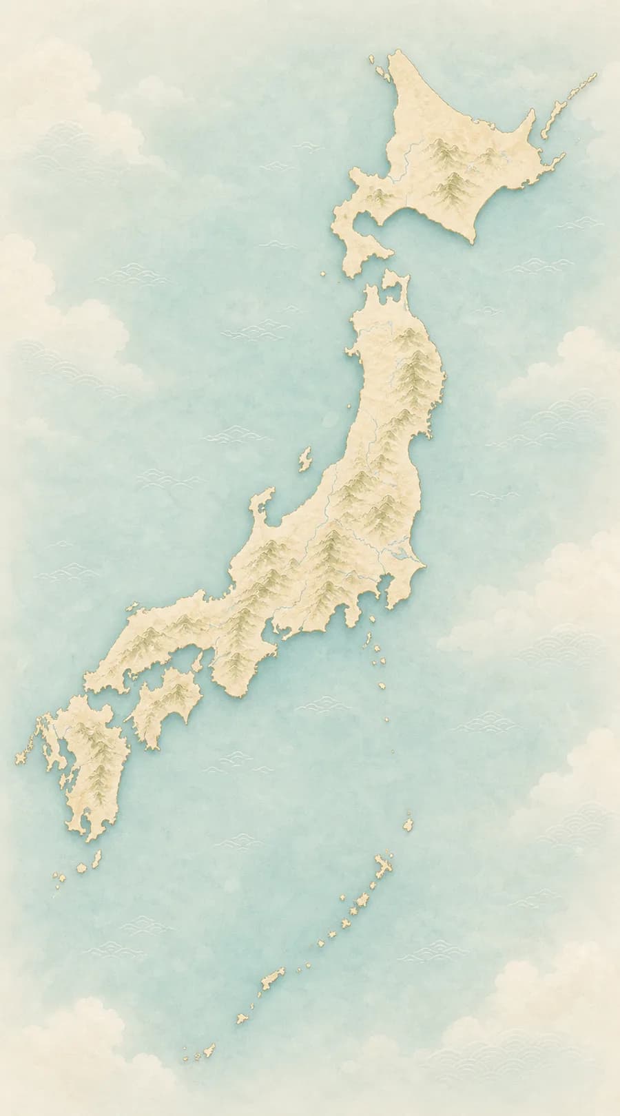 Tall illustrated map of Japan with major city areas marked