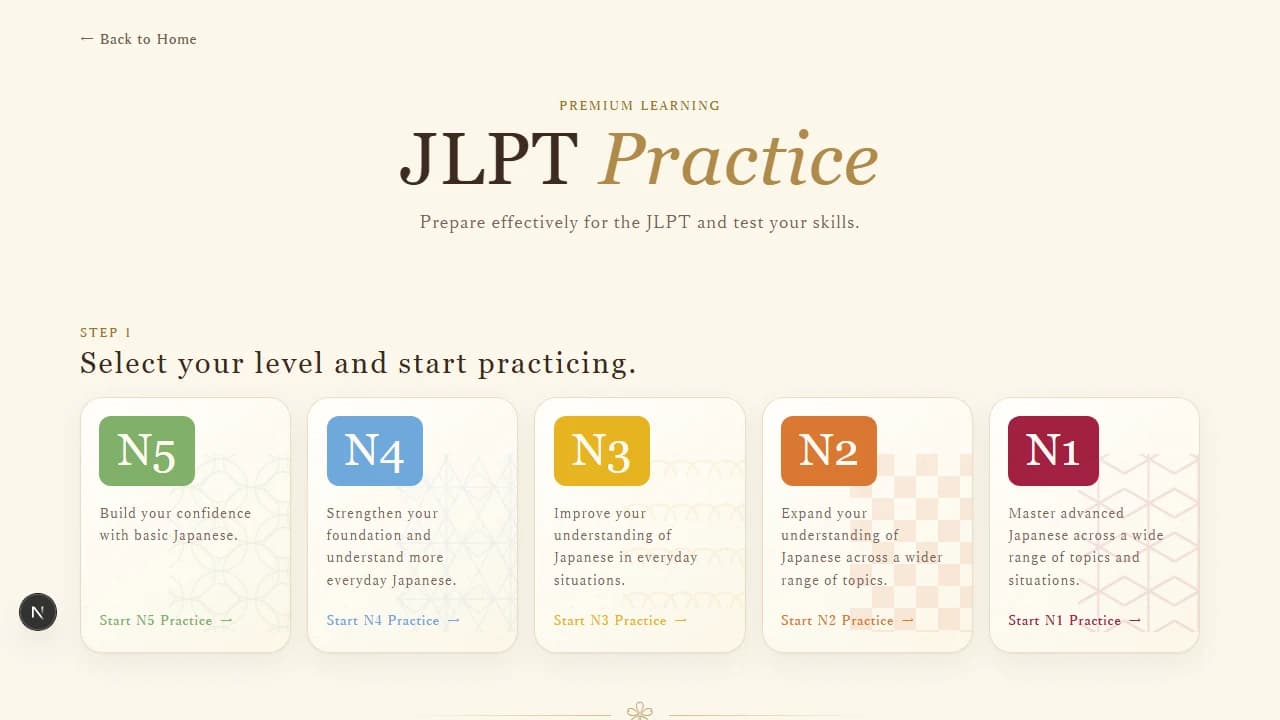 Preview of the Gaku JLPT Practice page with level cards from N5 to N1
