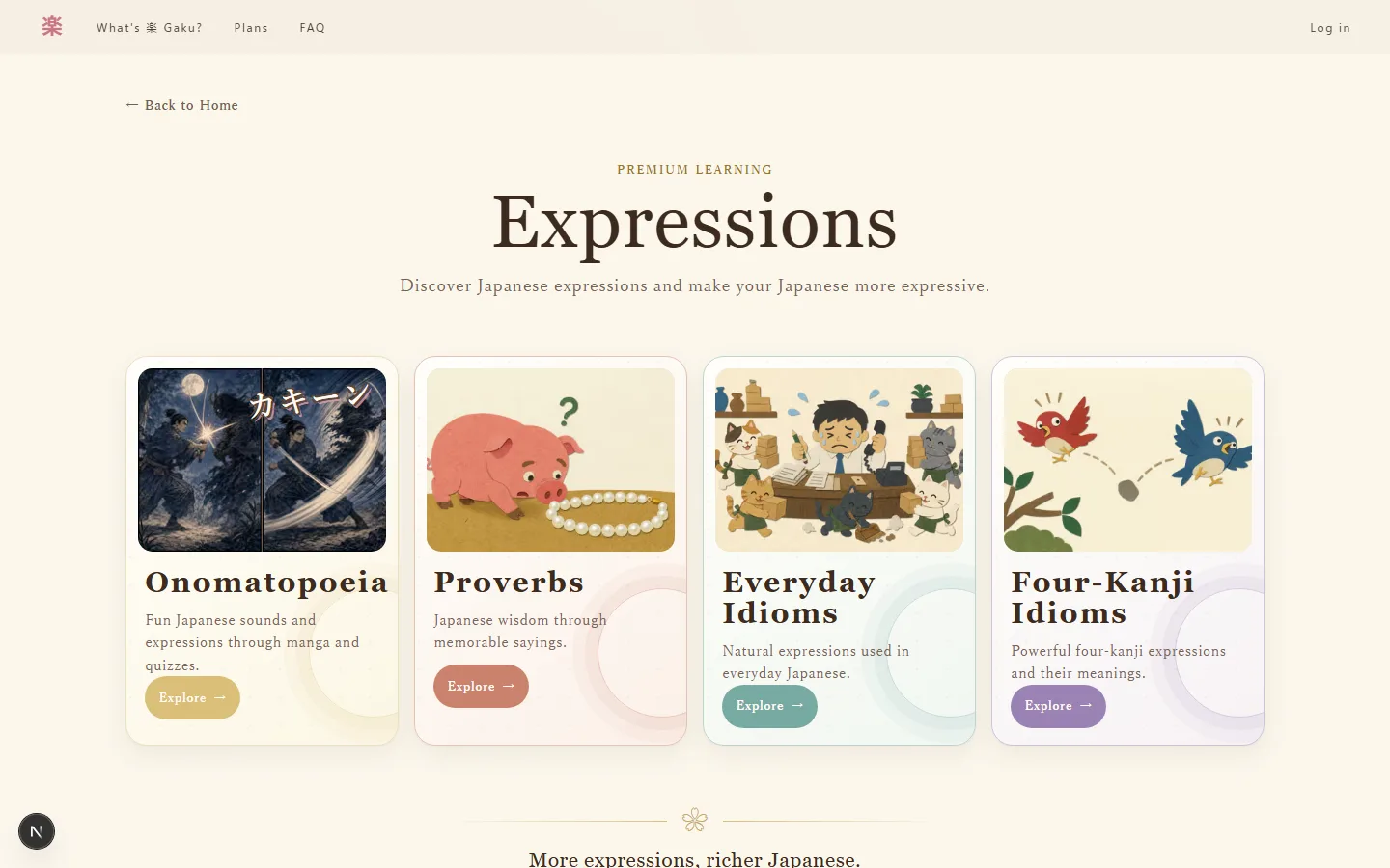 Gaku Expressions page with Japanese onomatopoeia, proverbs, everyday idioms, and four-kanji idioms organized by category