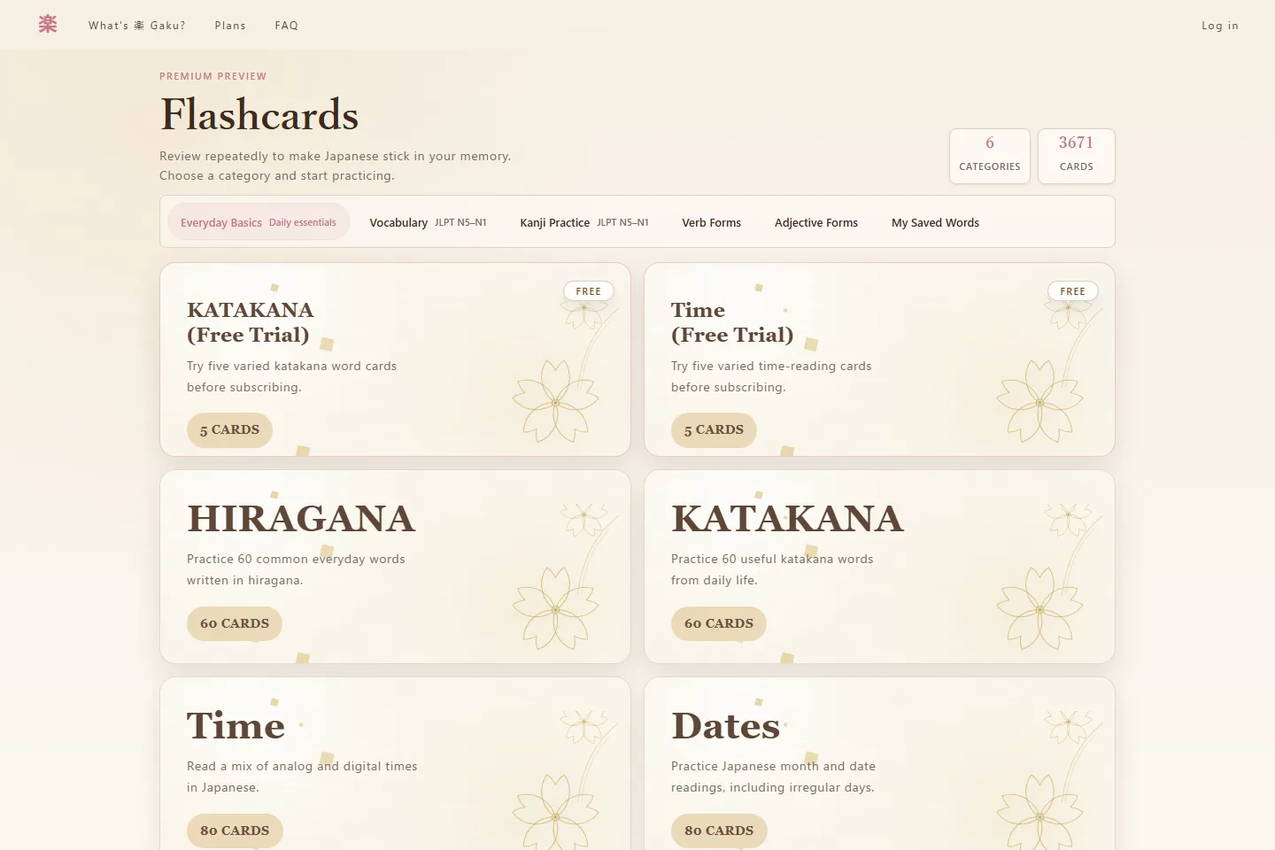 Gaku Premium Flashcards page showing Japanese learning categories and free trial decks