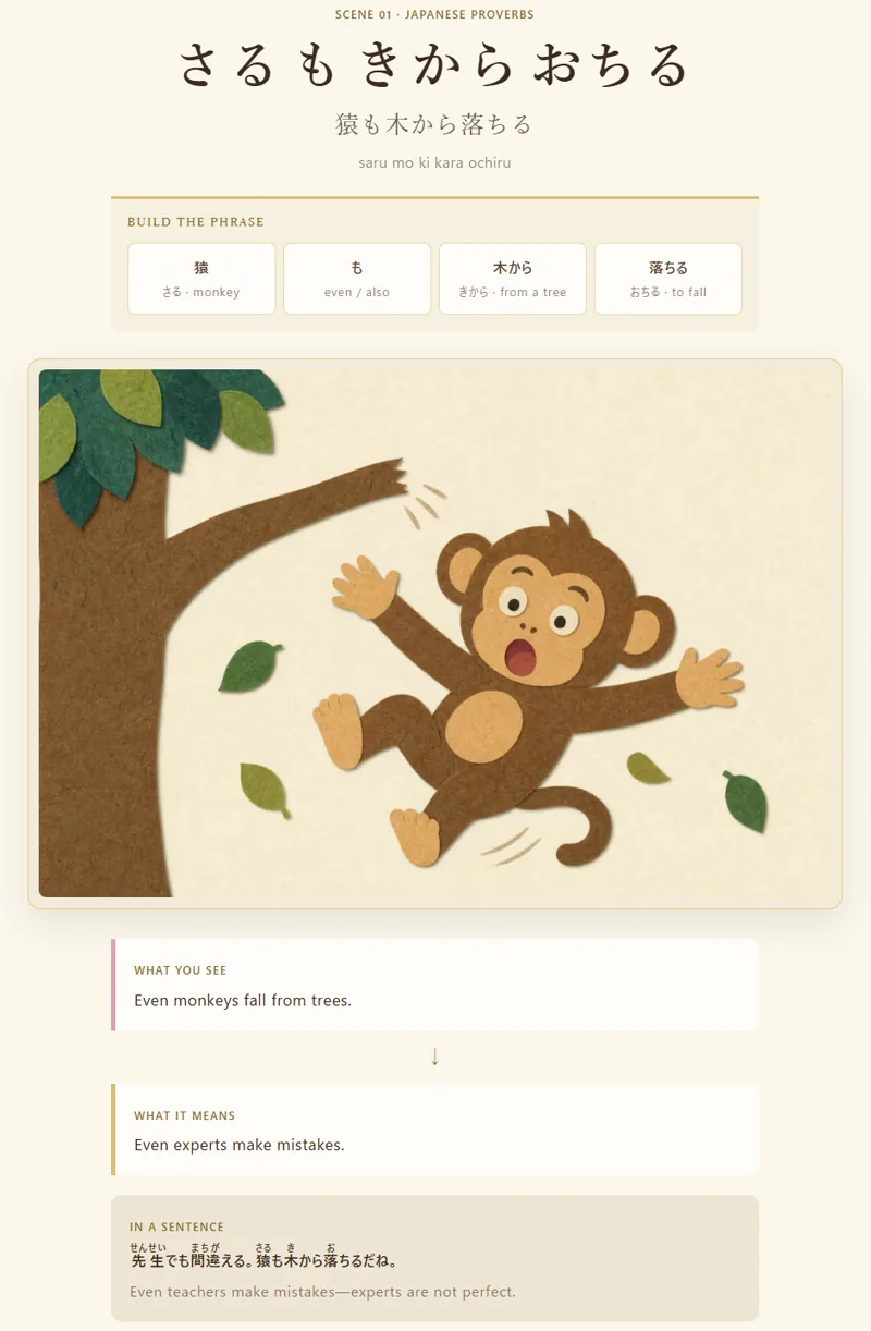An illustrated Gaku lesson for the Japanese proverb saru mo ki kara ochiru