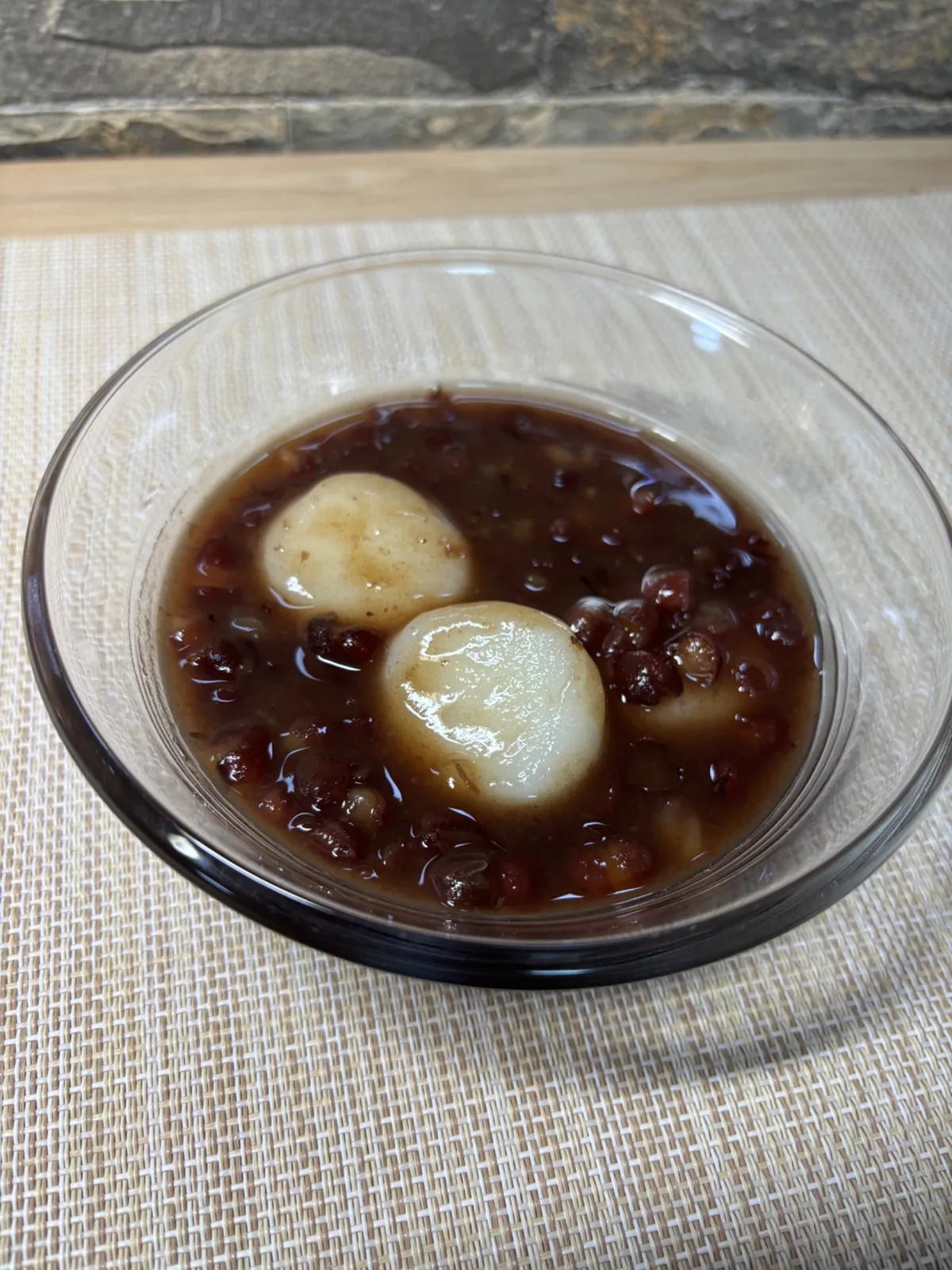 Homemade shiratama zenzai with chewy rice dumplings and sweet red beans