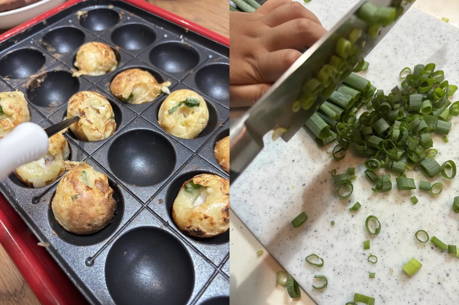 Homemade takoyaki cooking in a takoyaki pan
