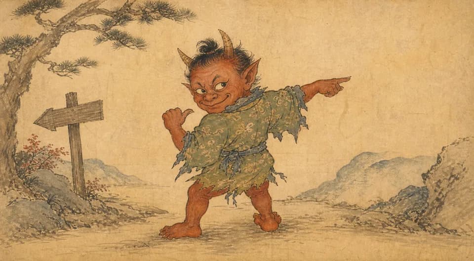 Emaki-style illustration of Amanojaku as a small oni-like yokai pointing the opposite way