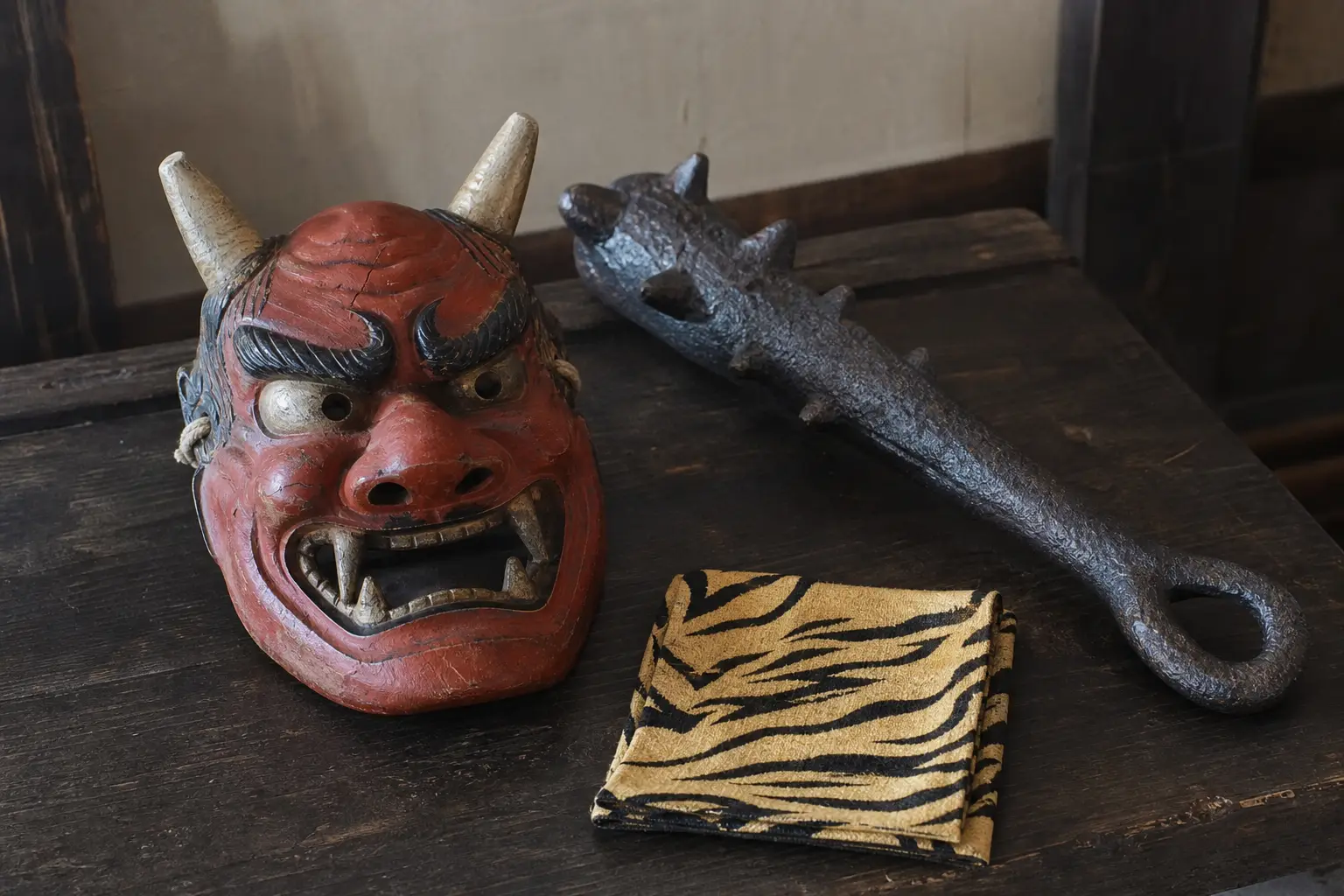 Oni mask, iron club, and tiger-pattern cloth used to explain oni appearance