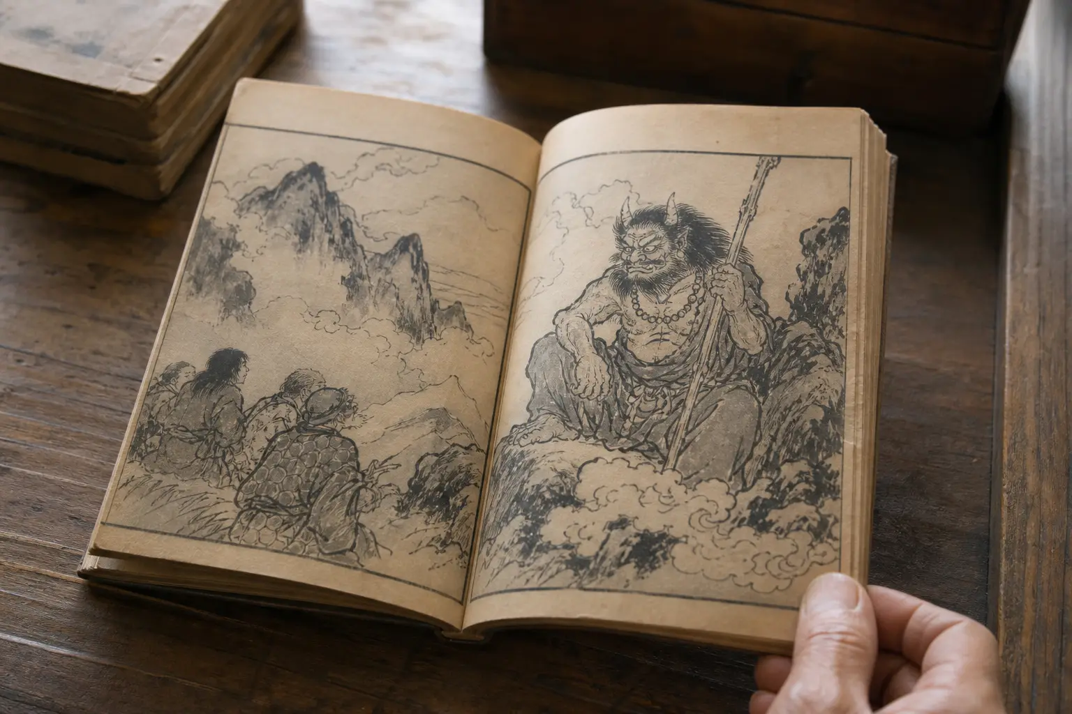 Old illustrated book with an oni leader in a mountain scene