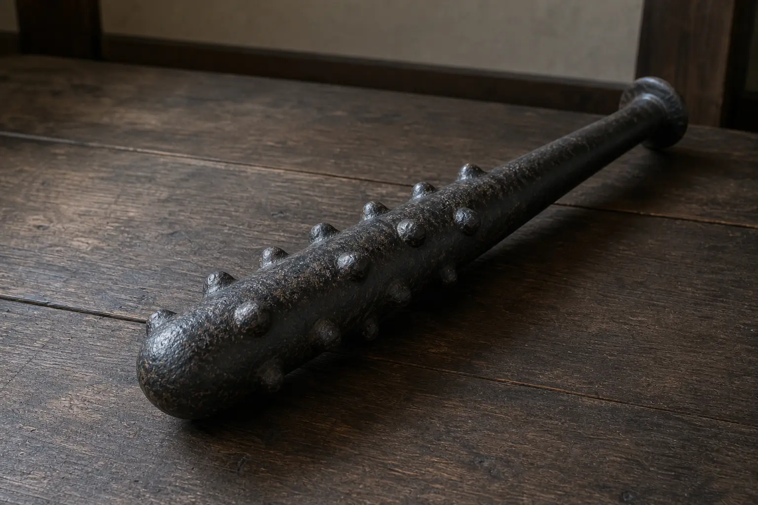 Close-up of a heavy black kanabo club
