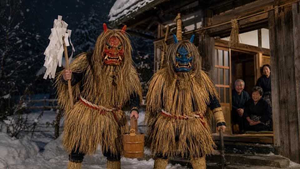 Realistic image of Namahage performers wearing red and blue masks with straw costumes outside a snowy rural house