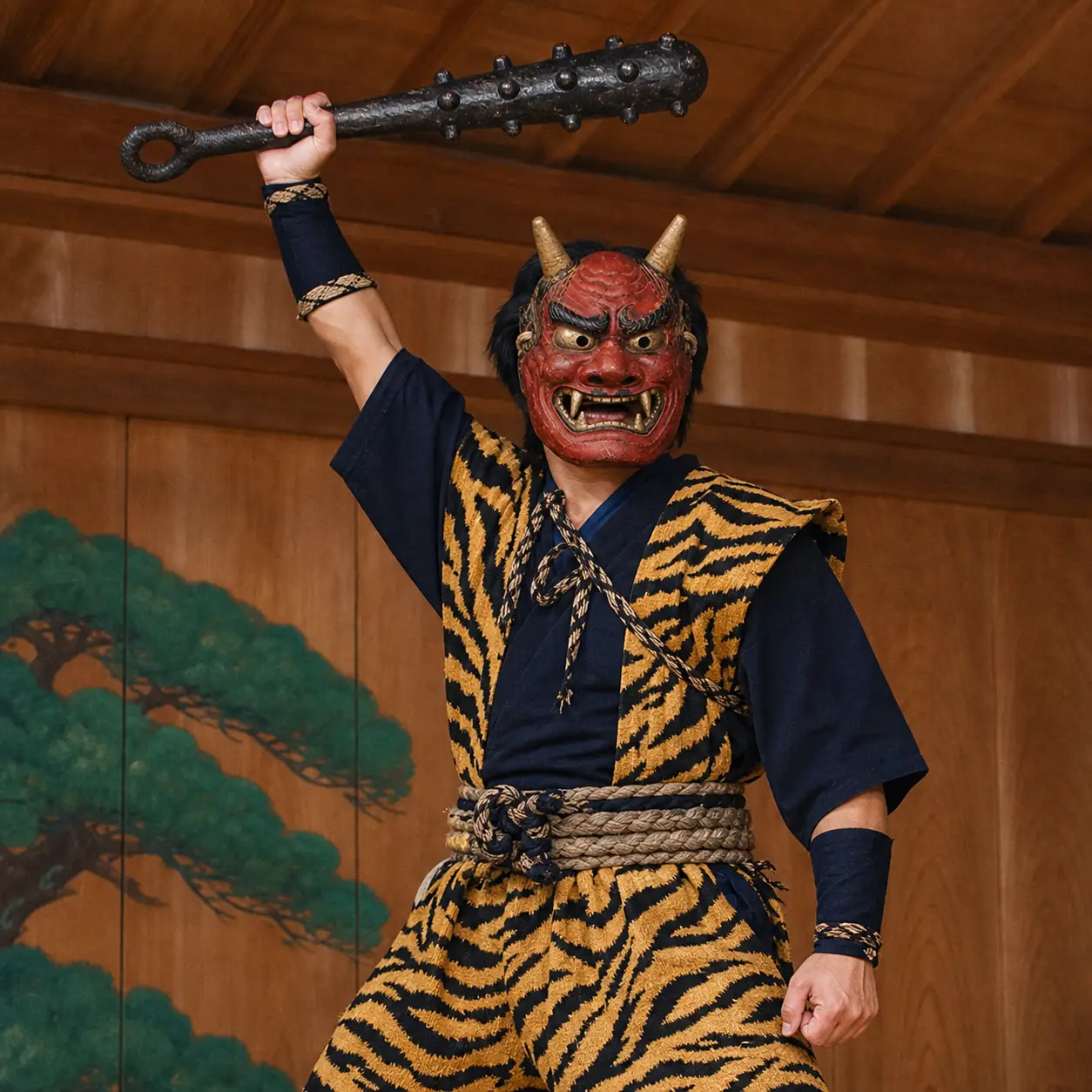 Oni performer raising a kanabo overhead