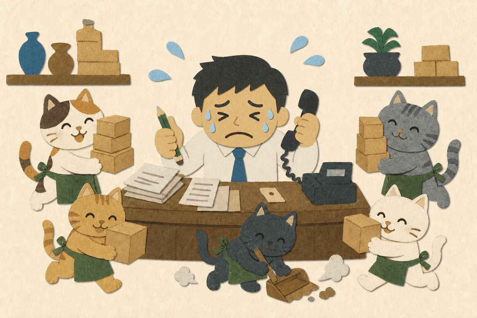Illustration of the Japanese idiom 猫の手も借りたい