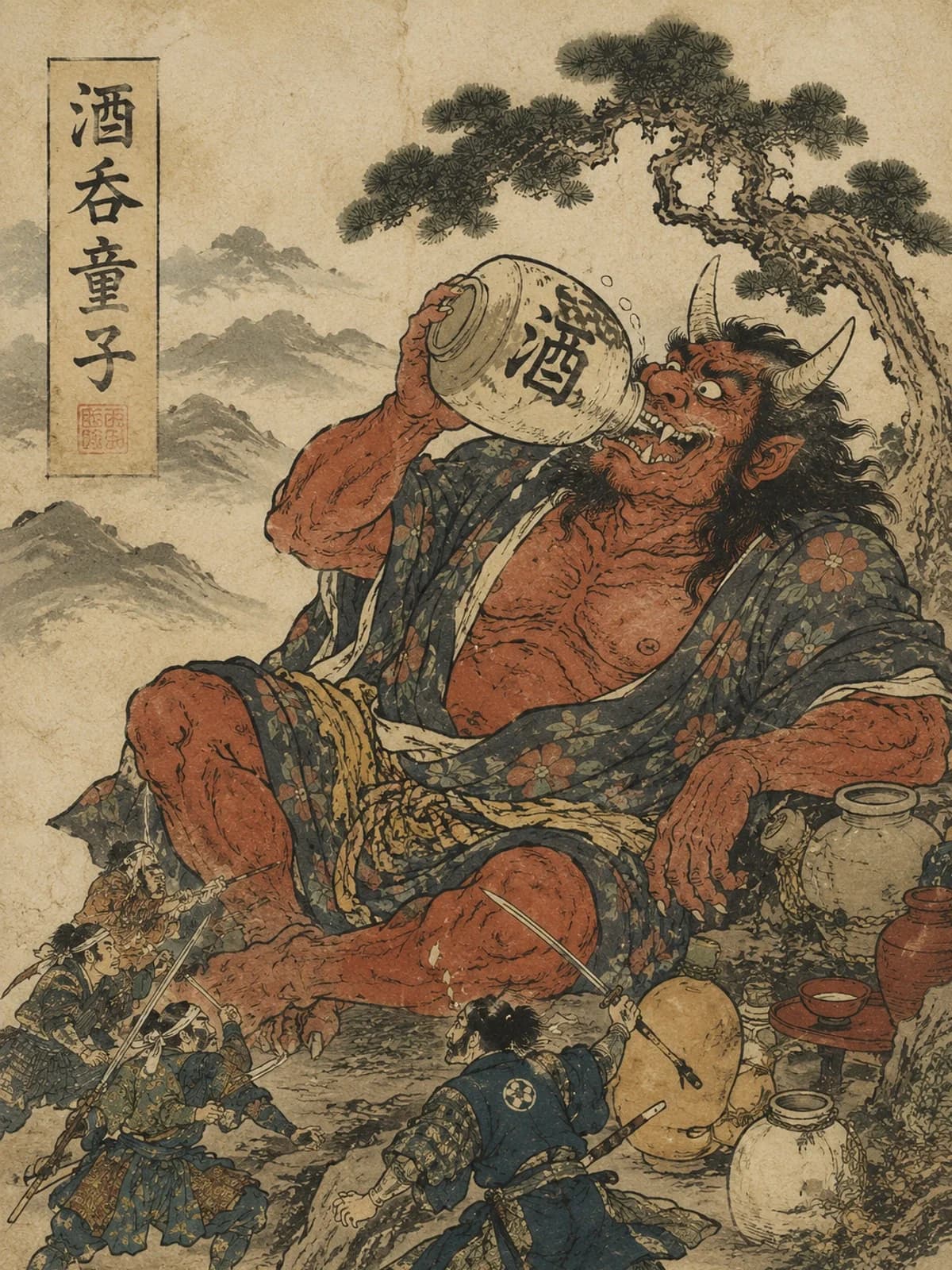 Story cover illustration for The Demon Hunt of Mount Oe with Shuten-doji and oni imagery